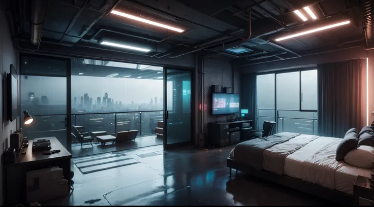 A cyberpunk bedroom with an industrial interior design style with a view. rain,dark style