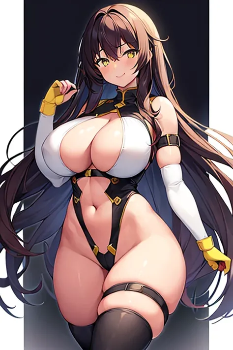 1girl, large breasts, thick thighs, wide hips, smile dark skin, yellow eyes, red hair, long hair, belt, thigh strap, strap, arm strap, white bodysuit, tight clothes, cleavage cutout, cutout, hip vent, underboob cutout, cutout below navel