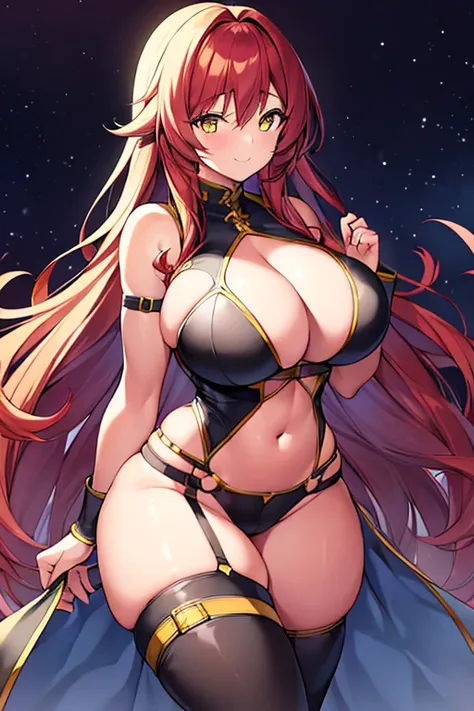 1girl, large breasts, thick thighs, wide hips, smile dark skin, yellow eyes, red hair, long hair, belt, thigh strap, strap, arm strap, white bodysuit, tight clothes, cleavage cutout, cutout, hip vent, underboob cutout, cutout below navel