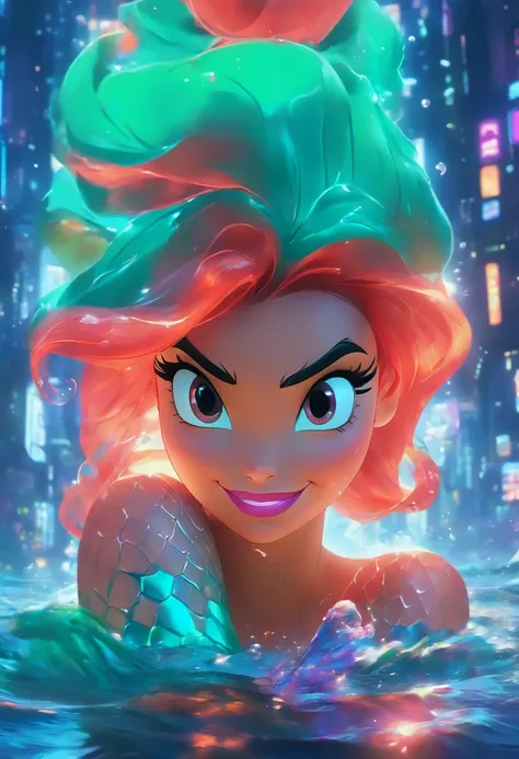 masterpiece, photo realistic techniques, ((photographic style)), full body, Disney Princess ariel as a futuristic cyberpunk mermaid princess neon, vibrant colors. iridicen, grren and turquoise orange colors