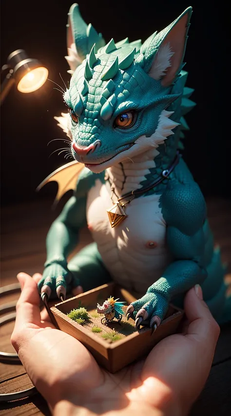 Gorgeous tiny hyperrealistic dragon with realistic eyes and bright different colors taking care of a necklace, Chibi, adorable and cute, logo design, cartoon, cinematic lighting effect, charming, 3D vector art, cute and quirky, fantasy art, bokeh, hand dra...