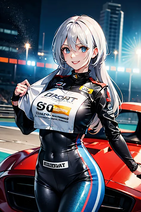 best quality,highres),tess darret,pole position,holding a race helmet in hands,standing inside of her race car,smiling,anime sty...