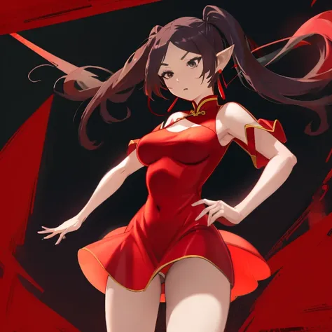 Frieren, twintails, earrings, thighs, chinese red dress, short dress, small tits, fighting pose