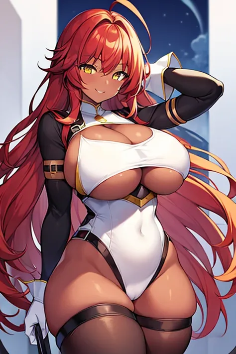 1girl, large breasts, thick thighs, wide hips, smile, dark body, dark skin, yellow eyes, (red hair), red hair, long hair, belt, thigh strap, strap, arm strap, bodysuit, white bodysuit, cleavage cutout, cutout, hip vent, underboob cutout, white clothes, whi...