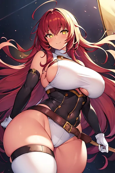 1girl, large breasts, thick thighs, wide hips, smile, dark body, dark skin, yellow eyes, (red hair), red hair, long hair, belt, thigh strap, strap, arm strap, bodysuit, white bodysuit, cleavage cutout, cutout, hip vent, underboob cutout, white clothes, whi...