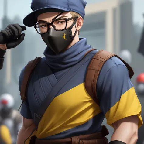 Ninja with a yellow mask wearing glasses and a cap written Hey Gamer, jogando no celular