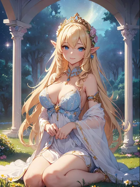 top-quality、Top image quality、​masterpiece、Beauty sleeping in bed((24 year old、Best Bust、big bast、Bust 90,Beautiful blue eyes、,Blonde long hair、A slender、a closeup、Esbian、beautiful tiara、hiquality、Beautiful Art、Background with((starrysky)))masutepiece、visu...