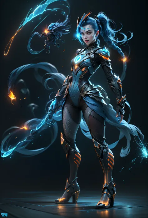 jinxlol, Game character design，3D character rendering，(((pixar-style)))，League of Legends Jinx，((1girl，(Blue double ponytail: 1.5)，Very long blue braids，Red eyes，big laughter，future warrior，Mechanical Warframe，Decorated with luminous lines and rivets，With ...