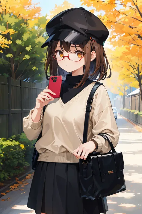 girl with,Black underwear,Brown hair,Amber eyes,length hair,top-quality,Hunting Cap,Black sweater,a black skirt,Red glasses,Smartphone in your right hand,brown shoulder bag on left shoulder,countryside,voyage