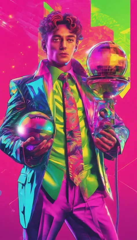 a robot  dressed in a suit and tie with a disco ball, wearing disco suit, 8 0s style tomasz alen kopera, poster in 8 0 s style, synthwave style, 8 0 - s style poster, synthwave art style ]!!, inspired by Mike Winkelmann, synthwave art style, synthwave art,...