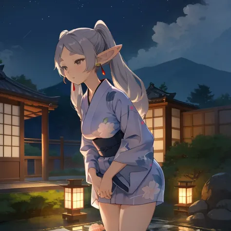 Frieren, twintails, earrings, thighs, yukata, small tits, japanese landscape, nigth, lights