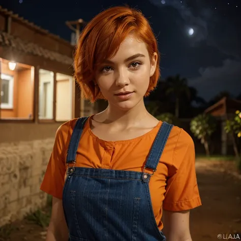 1girl, SxFrances, short hair, orange hair, olhos verdes, Sardas, sorrir, red overalls, camisa azul, roll up sleeve, montanha, lua, (Noite:1.5), Olhando para o Viewer