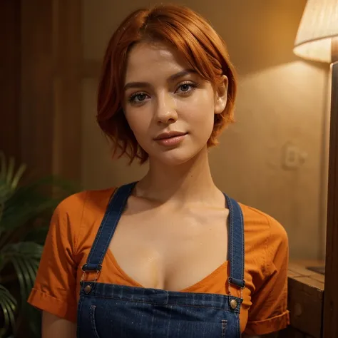 1girl, SxFrances, short hair, orange hair, olhos verdes, Sardas, sorrir, red overalls, camisa azul, roll up sleeve, montanha, lua, (Noite:1.5), Olhando para o Viewer