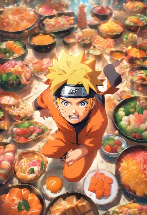 "Generates an image of Naruto Uzumaki from the anime series NARUTO, Participate cheerfully in the colorful and delicious mukbang banquet, Number of delicious dishes of different cuisines々Surrounded by."、smorgasbord