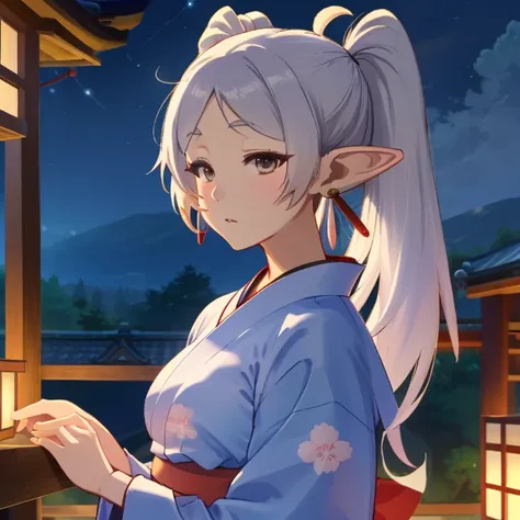 Frieren, twintails, earrings, yukata, small tits, japanese landscape, nigth, lights