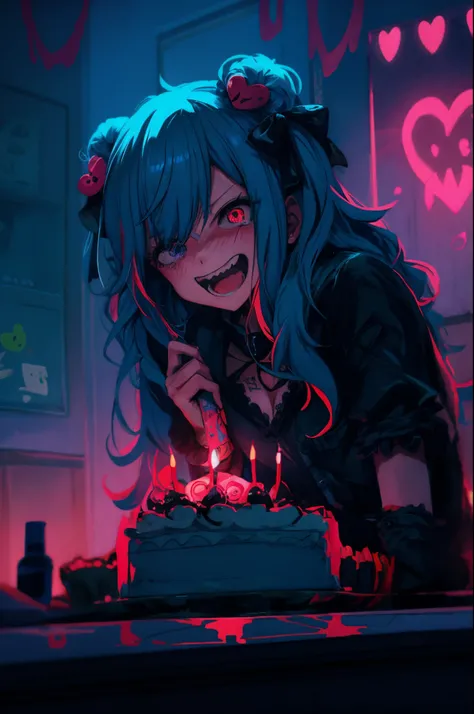 Chica anime con cabello azul apagando velas en un pastel., comer pasteles, Nightcore, Mejor fondo de pantalla de Anime 4K Konachan, Arte digital de Danganronpa, Mikudayao, [[[[sonriendo malvado]]]], Estilo anime 2D, Estilo anime 4K, Chica de anime con cabe...