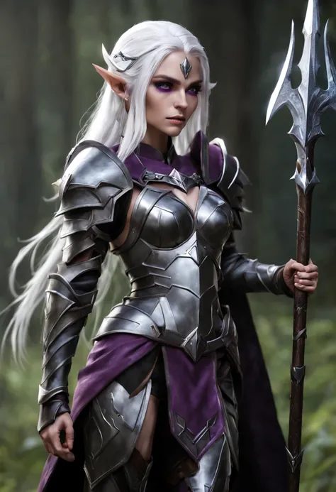 An Elf female with white hair, purple eyes, wearing black full armor, full body pose, holding a spear in both hands