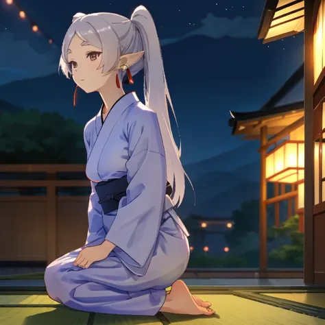 Frieren, twintails, earrings, yukata, small tits, japanese landscape, nigth, lights, full body