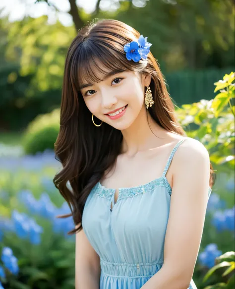 ((Masterpiece)), 8k, highest quality, 1 girl, solo, realistic, garden, photorealistic, super detailed, detailed background, (solo: 1.4), wearing a simple dress, happy expression, Slender body, realistic and detailed half hair, intricate details, masterpiec...