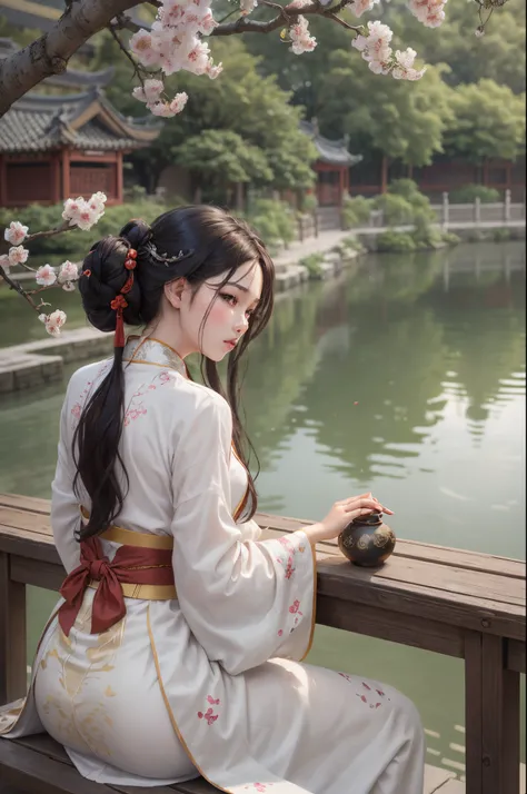 Woman sitting on bench in Chinese garden, white hanfu, palace ， A girl in Hanfu, Hanfu, TRADITIONAL CHINESE COSTUMES, Wearing ancient Chinese clothes, Matches ancient Chinese costumes, wearing red cheongsam, Chinese traditional, chineseidol, In line with a...