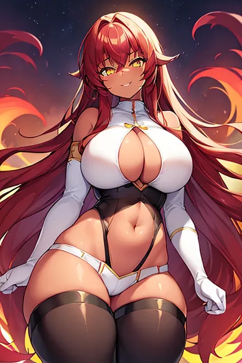 1girl, large breasts, thick thighs, wide hips, smile, dark body, dark skin, yellow eyes, (red hair), red hair, long hair, belt, arm strap, bodysuit, white bodysuit, cleavage cutout, cutout, underboob cutout, white clothes, white gloves, pants, smirk, smug,...