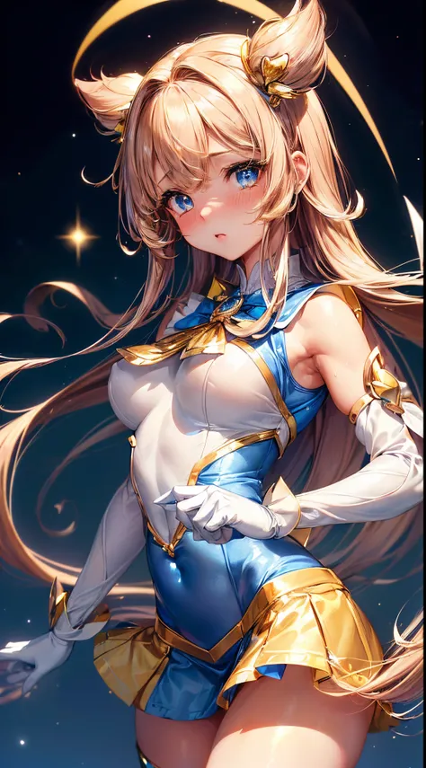 1womanl,Golden head hair,12year old ,((Impatient expression)),Beautiful breasts,(((Sexy magical girl white and blue bodysuit and miniskirt)))(())(((Blushing cheeks、Surprised look)),((())),((( portlate))),Blue eyes,(((Bangs are aligned)))()Street,Crowds(mag...