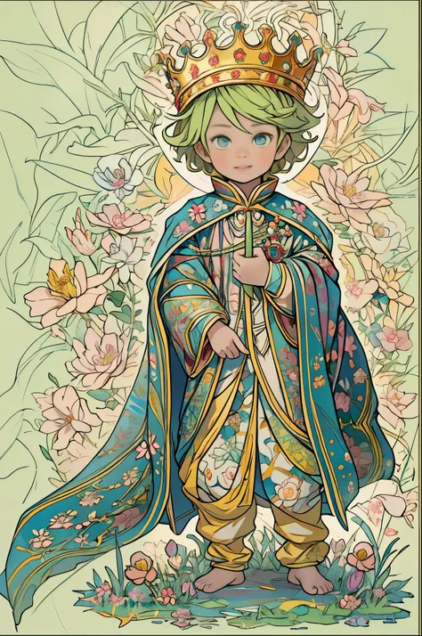 paint a decorative painting，little prince wearing crown，3 year old boy，Childish face，Bright and harmonious colors，（Decorative painting：1.6），dressed in：Exquisite and noble robe，Elaborate Eyes，delicated face，simple backgound，Lots of flowers around，flowers bl...