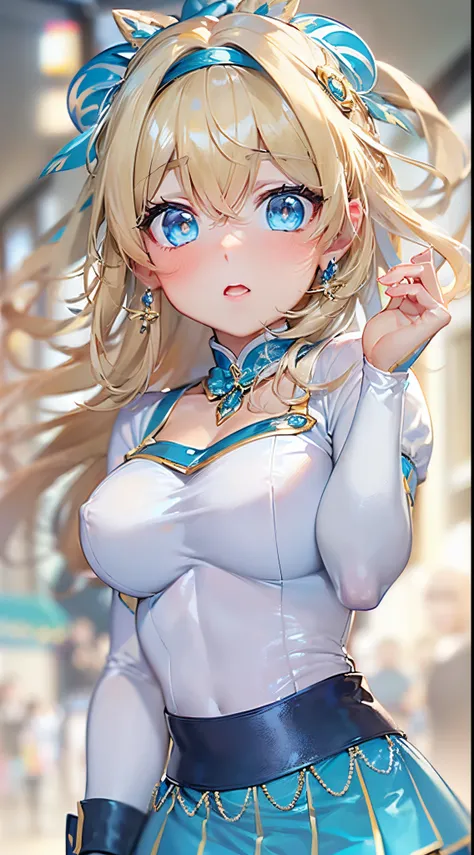 1womanl,Golden head hair,12year old ,((Impatient expression)),Beautiful breasts,(((Sexy magical girl white and blue bodysuit and miniskirt)))(())(((Blushing cheeks、Surprised look)),((())),((( portlate))),Blue eyes,(((Bangs are aligned)))()Street,Crowds(mag...