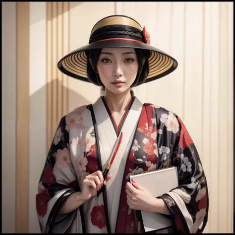 there is a Japanese woman, with black hair, full lips, silky skin, beautiful eyes, wearing a beautiful hat, and wearing a red kimono decorated with flowers, is holding a notepad and a pen, hyperrealistic art of an oriental woman, engraving photorealistic o...