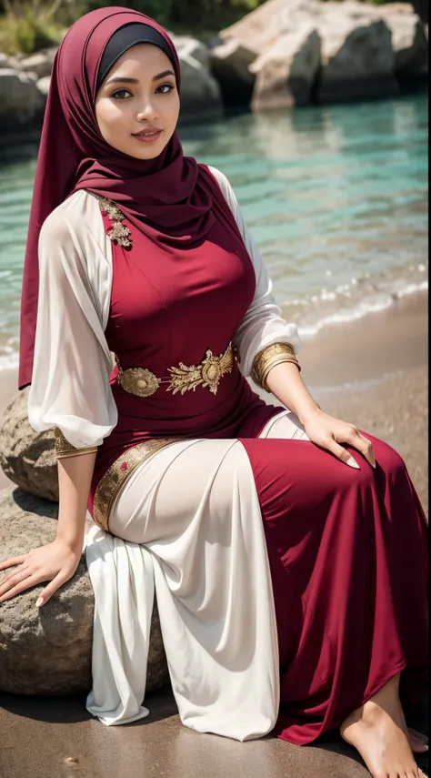 RAW, Best quality, high resolution, masterpiece: 1.3), beautiful Malay woman in hijab (iu:0.8),1 Malay woman wearing a plain hijab. 30 years. sweet smile. beautiful face.big breast, woman sitting on a rock on the beach, maroon and white, beautiful design, ...