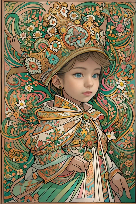 paint a decorative painting，little prince wearing crown，3 year old boy，Childish face，Bright and harmonious colors，（Decorative painting：1.6），dressed in：Exquisite and noble robe，Elaborate Eyes，delicated face，Large breasts, Large breasts，elaborate earrings，si...