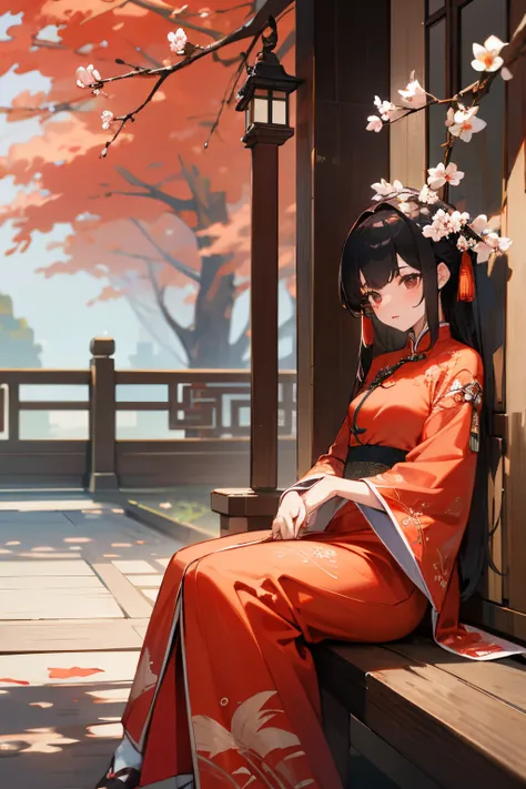 Woman sitting on bench in Chinese garden, red color Hanfu, palace ， A girl in Hanfu, Hanfu, TRADITIONAL CHINESE COSTUMES, Wearing ancient Chinese clothes, Matches ancient Chinese costumes, wearing red cheongsam, Chinese traditional, chineseidol, In line wi...