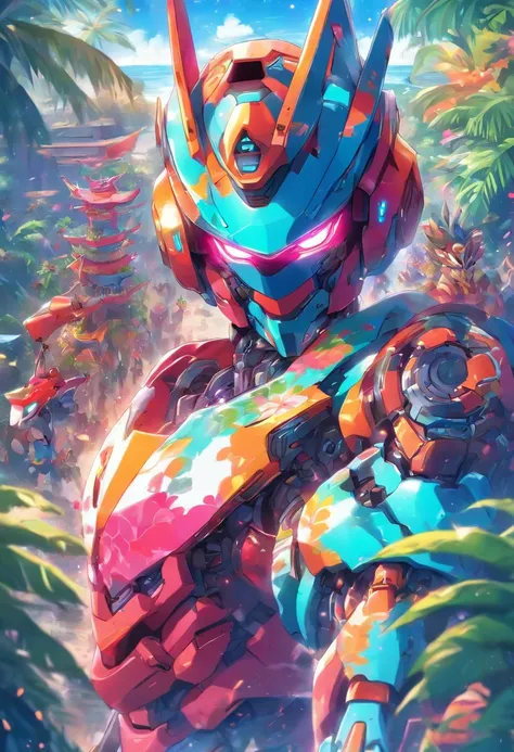 hawaiian robot party masterpiece vibrant colors. 🤖 🌺