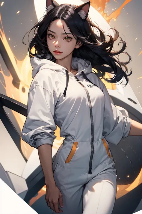 woman, golden eyes, black curly hair, cat ears, caramel skin, white hooded jumpsuit, anime character, by kohei horikoshi!!!!!, big eyes, detailed, by hiromu arakawa, 8 k