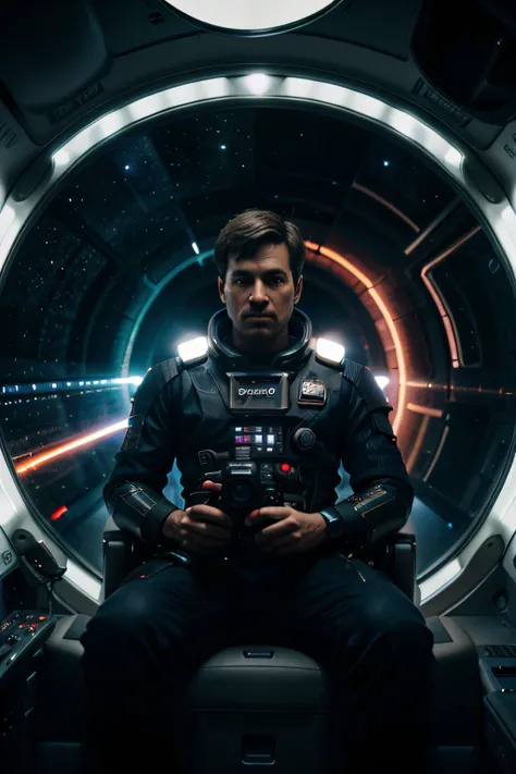 solo, 1man, photography, full body, Captain in cockpit spaceship, laser gun, detail, realistic, ornate, space, planet, galaxy, dim light Photorealistic, Hyperrealistic, Hyperdetailed, High Detail, film photography, soft focus