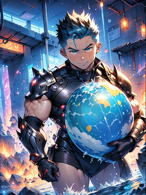 muscular male kawaii moe anime, metalic armored slayer waterball magic lava world