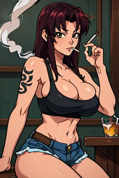 revy, arm tattoo, masterpiece, best quality, absurdres, 1girl, big breast, buxom chested, looking at viewer, sitting, indoors, (bar (place):1.5), bar stool, black tank top, shorts, alcohol, cigarette, (smoking:1.5)