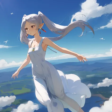 Frieren, twintails, earrings, small tits, flying, in the air, powerfull, long dress,