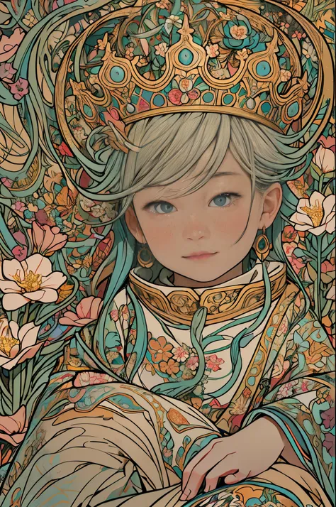 paint a decorative painting，little prince wearing crown，3 year old boy，Childish face，Bright and harmonious colors，（Decorative painting：1.6），dressed in：Exquisite and noble robe，Elaborate Eyes，delicated face，Large breasts, Large breasts，elaborate earrings，si...