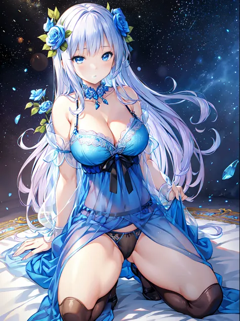 blue rose fairy kisses the flower. That fairy is smaller than a flower. Neat costumes give off a mysterious luster. flower  field, Natural light,(Best Quality), (masutepiece:1.3), Ultra-detailed, Best Quality, masutepiece, (Game CG:1.4), NSFW, Detailed bea...