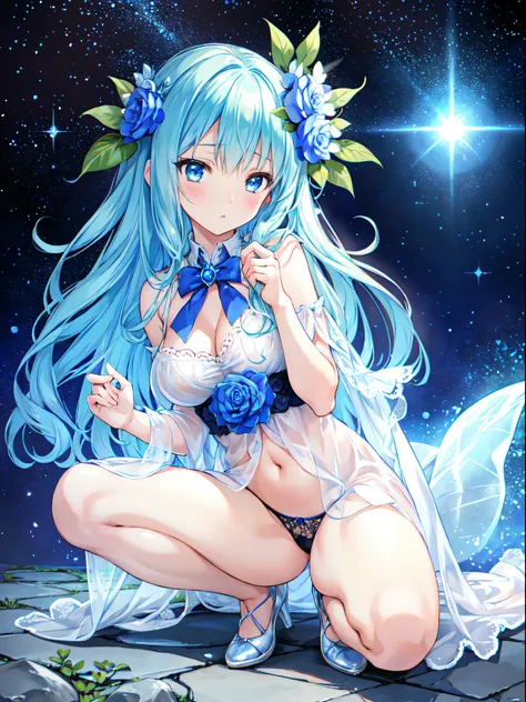 blue rose fairy kisses the flower. That fairy is smaller than a flower. Neat costumes give off a mysterious luster. flower  field, Natural light,(Best Quality), (masutepiece:1.3), Ultra-detailed, Best Quality, masutepiece, (Game CG:1.4), NSFW, Detailed bea...