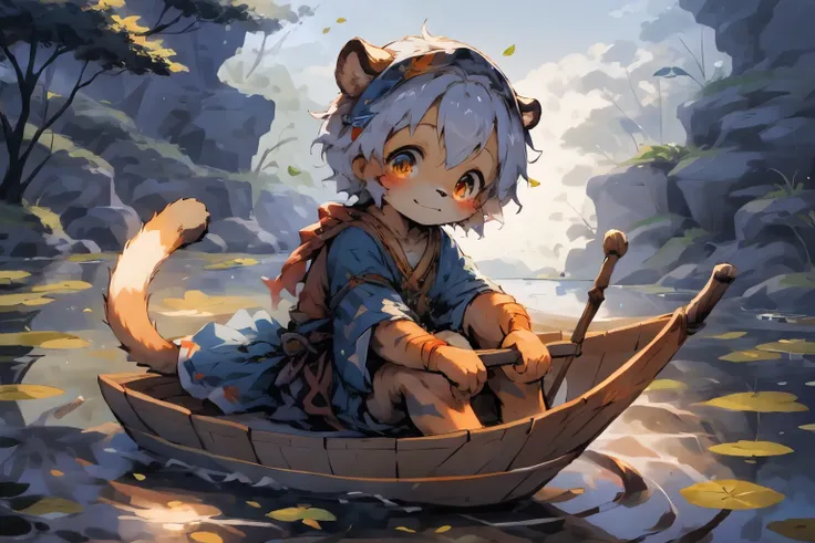 Cute and detailed digital art, Very very beautiful furry art, Detailed fanart, high-quality wallpaper, dress up as a fisherman 🧥, furry fantasy art, Popular topics on artstation pixiv,  high qulity,the only person, Furry boy, cub, ponds，River leaves，Sit on...