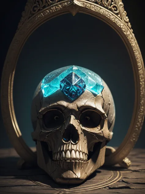 Create an enigmatic picture of crystal skull that believed from ancient Mayan civilization, insanely detailed and intricate background mystical nature scene with some other characters and objects, a masterpiece cinematic photo realistic illustration of Col...