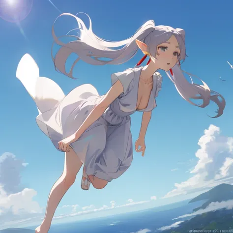 Frieren, twintails, earrings, small tits, flying, in the air, powerfull, long dress,