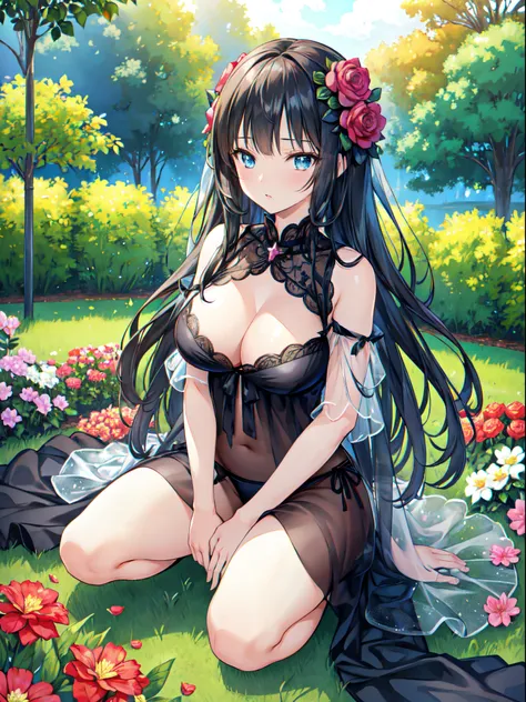 black rose fairy kisses the flower. That fairy is smaller than a flower. Neat costumes give off a mysterious luster. flower  field, Natural light,(Best Quality), (masutepiece:1.3), Ultra-detailed, Best Quality, masutepiece, (Game CG:1.4), NSFW, Detailed be...