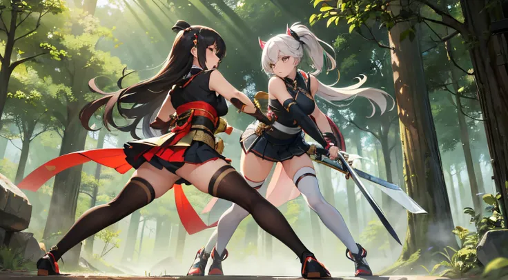 Full body shot, two female kunoichi engaged in a fierce duel, showcasing their exceptional sword skills and combat prowess. They are dressed in sleek, sleeveless kimonos that allow for freedom of movement, adorned with intricate patterns. The kimonos are a...