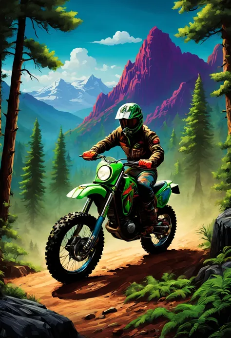 Dirtbike, rugged tires, Retro, Four Colors, Only four colors, Artistic, Superior Detail, no shading, separate colors, Fine Details, green Neon Lights, Mountains, Forest,