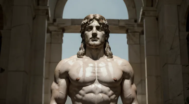 Greek white marble statue, with his serene and stubborn expression standing out in the gloom, simbolizando su terquedad ante las sombras de la vida, mostrando sus biceps, mirada dominante y sabia hacia al frente, Marco Aurelio STYLE, cinematics, realista, ...