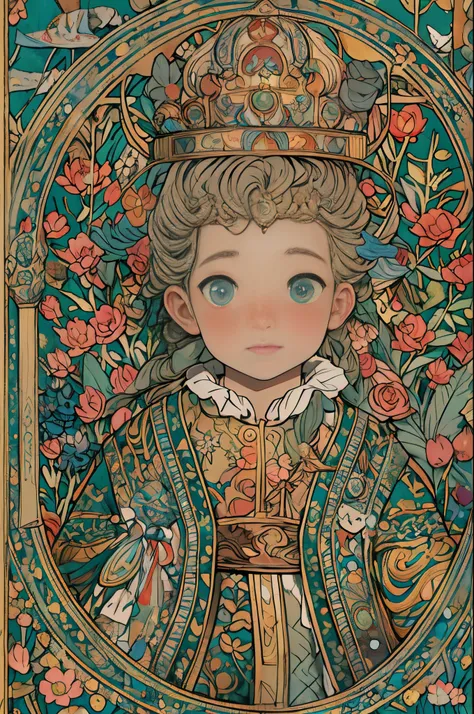 paint a decorative painting，little prince wearing crown，3 year old boy，Childish face，Bright and harmonious colors，（Decorative painting：1.6），dressed in：Exquisite and noble robe，Elaborate Eyes，delicated face，simple backgound，Lots of flowers around，flowers bl...