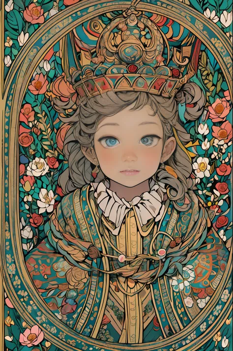 paint a decorative painting，little prince wearing crown，3 year old boy，Childish face，Bright and harmonious colors，（Decorative painting：1.6），dressed in：Exquisite and noble robe，Elaborate Eyes，delicated face，simple backgound，Lots of flowers around，flowers bl...